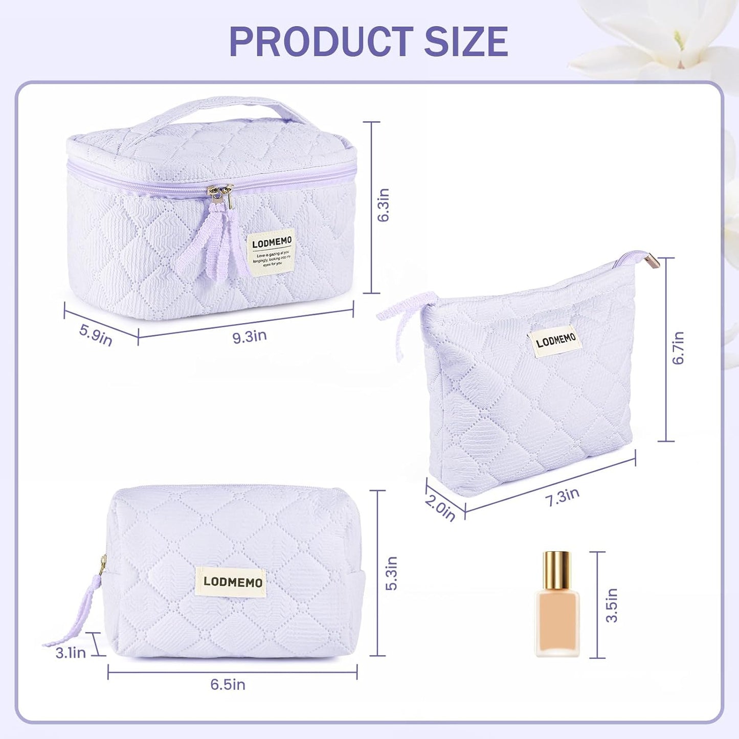 Makeup Bag 3 PCS Cosmetic Bags for Women, Large Travel Make up Bag Set Cute Cotton Toiletry Bag Organizer Pouch for Purse, Purple