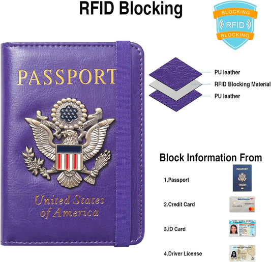 Passport Holder for Travel Passport Cover for Men Passport Wallet Case With 3D Metal Badge Protector Leather Card Case RFID Blocking Women Travel Accessories Document Organizer (Purple)