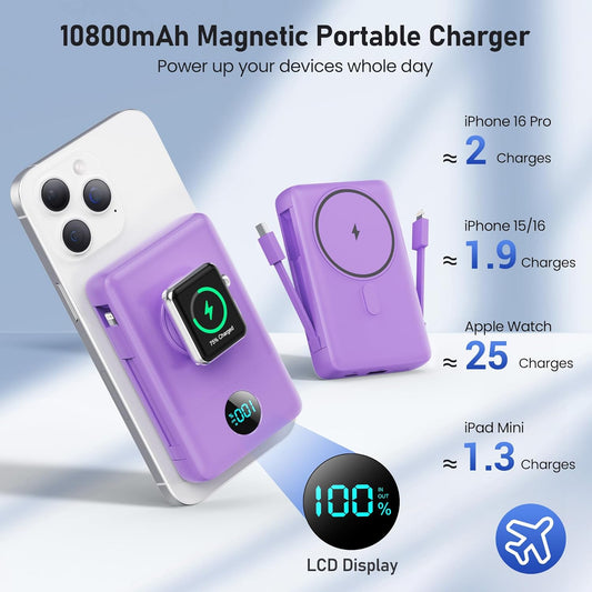 Magnetic Portable Charger for iPhone with Built-in Cables, 6-in-1 10800mAh Power Bank with iWatch Charger & LCD Display,25W Fast Charging Battery Pack for iPhone 16/15/14/13/12,Apple Watch (Purple)