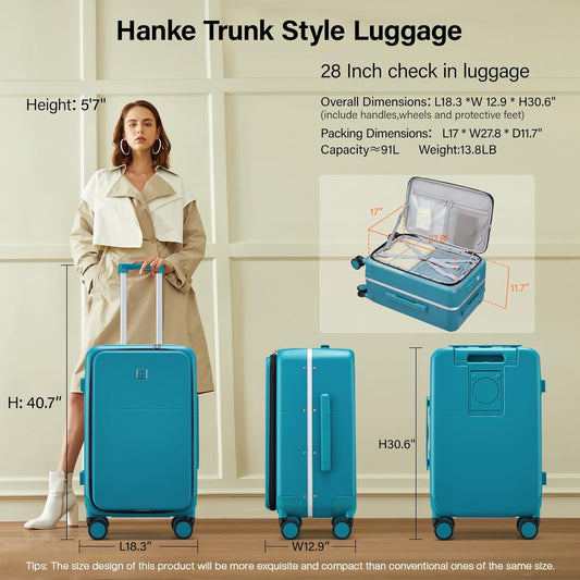 Hanke 28 Inch Luggage with Cup Holder and Charge,Top Opening Hard Shell Suitcases with Wheels and Dividers,Aluminum Frame Trunk Luggage Extra Large Suitcase with Lock for Travel,Caribbean Blue