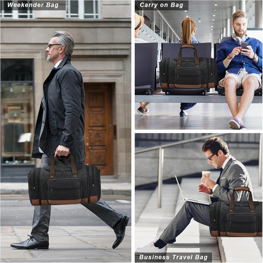 Litvyak Duffle Bag for Travel, 50L Canvas Travel Duffel Bags Overnight Weekend Gym Carry On Luggage Bag for Men & Women(Black+Toiletry Bag)