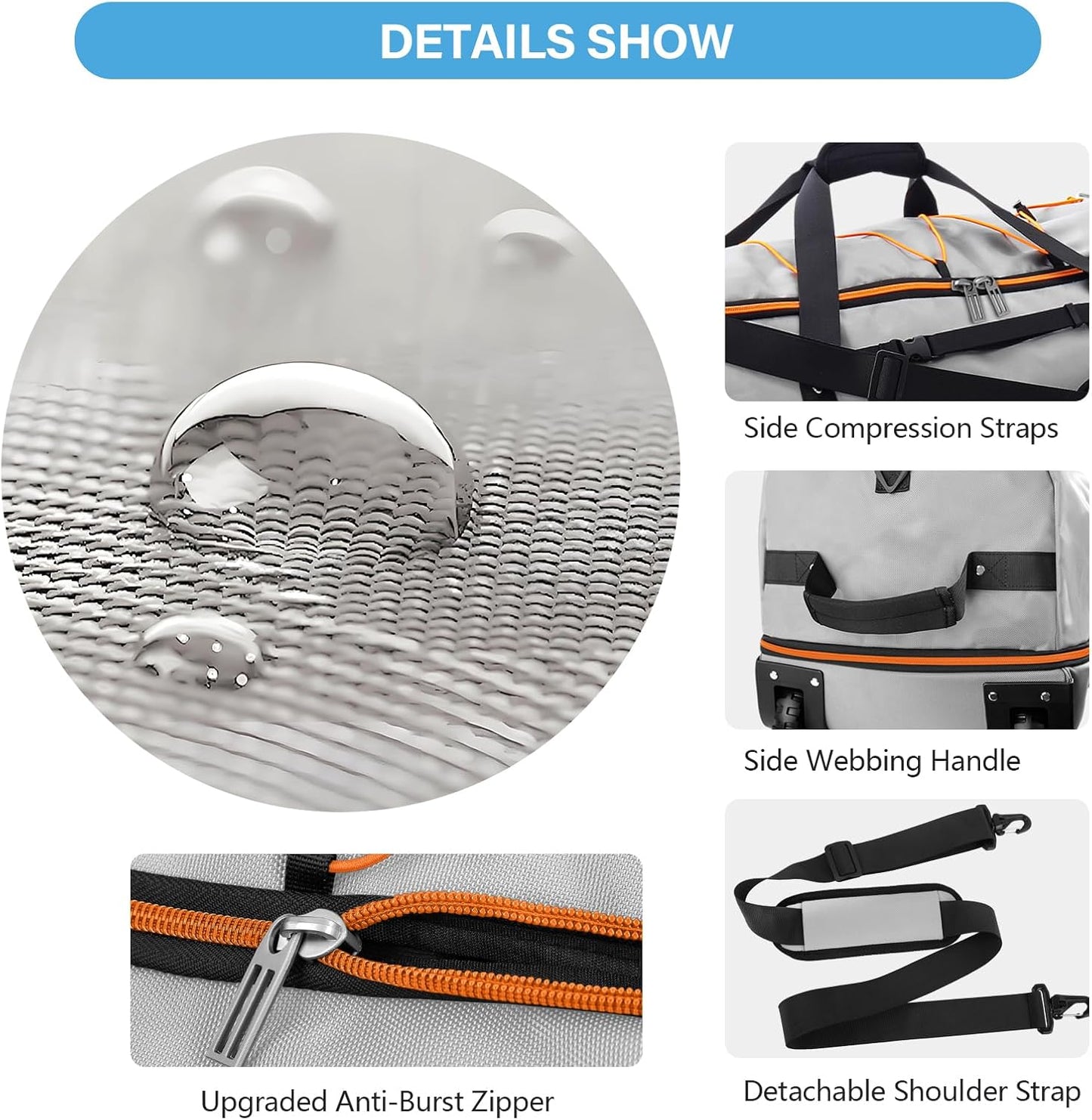 Vomgomfom Wheeled Collapsible Duffel Bag,110L-140L Expandable Checked Luggage, No-Telescopic-Handle with Anti-Burst Zipper & Reinforced Frame,Grey