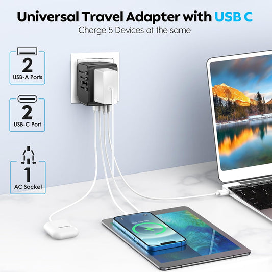 JMFONE Universal Travel Plug Adapter 5 in 1 Charger, European Travel Plug Adapter 2xUSB-A and 2xUSB C Wall Charger with Worldwide AC Outlet,International Power Adapter for Europe USA UK AUS Asia