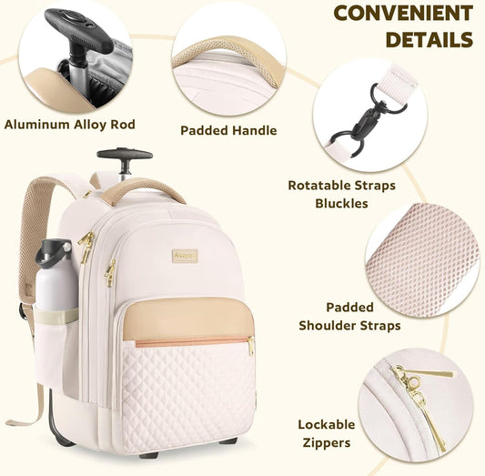Small Rolling Backpack, Underseat Carry On Luggage With Wheels For Adults, 15.6 Inch Wheeled Backpack for Women, Travel Roller Bag, Beige