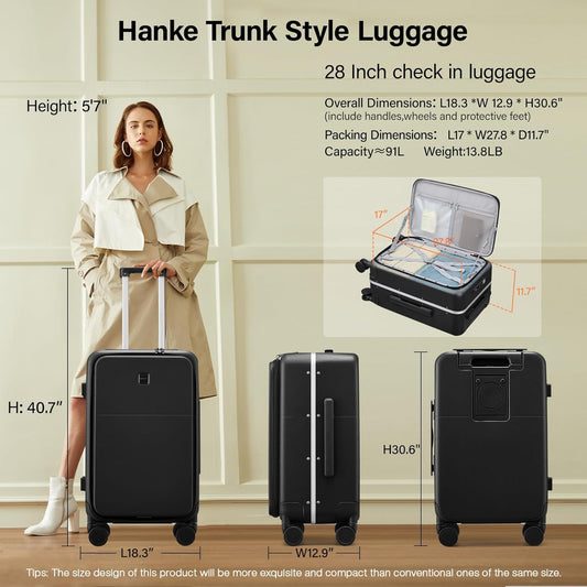 Hanke 28 Inch Luggage with Cup Holder and Charge,Top Opening Hard Shell Suitcases with Wheels and Dividers,Aluminum Frame Trunk Luggage Extra Large Suitcase with Lock for Travel,Jet Black
