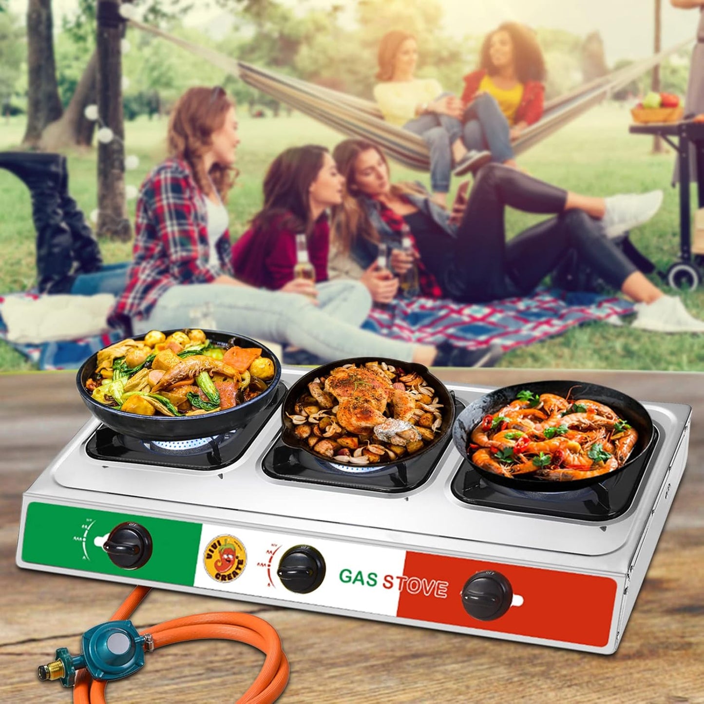 Vivicreate 3 Burner Propane Gas Stove 30000 BTU Stainless Steel Cooktop with Enamel Pan Supports Electronic Ignition for Outdoor Cooking Camping BBQ Estufa de Gas Portátil Fogón de Gas