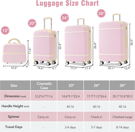 Merax Luggage Set 3 Piece Suitcase Set with Cosmetic Case Expandable Spinner Wheels Vintage Luggage Sets(Light Pink,20"+24"+28")