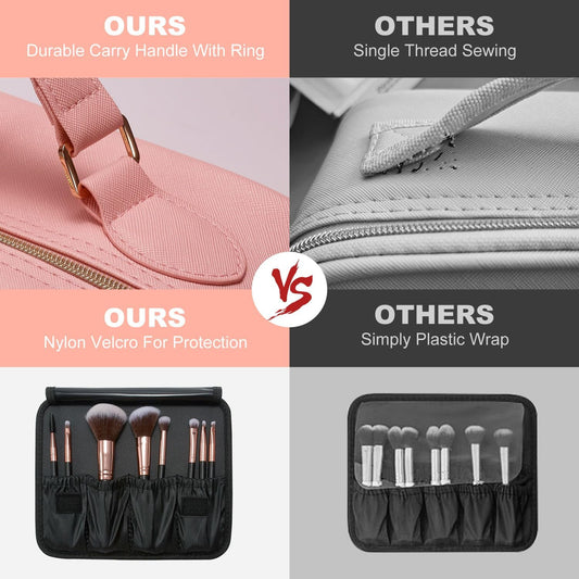 Mocado Travel Makeup Bag with LED Lighted Mirror,Travel Makeup Organizer,Makeup Case with 8 Makeup Brushes and 10x Magnifying Mirror,3 Colors Lighting, Adjustable Dividers Makeup Box(Pink)