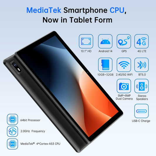 HAOVM Android 14 Tablet 10.1 Inch,4G SIM Unlocked, Quad-Core CPU 2.0GHz,3GB+32GB, TF Expandable, IPS Display, 5G WiFi, Bluetooth 5.0,5MP+8MP Dual Cameras,5000mAh, GPS, Google Kids Space,Black case