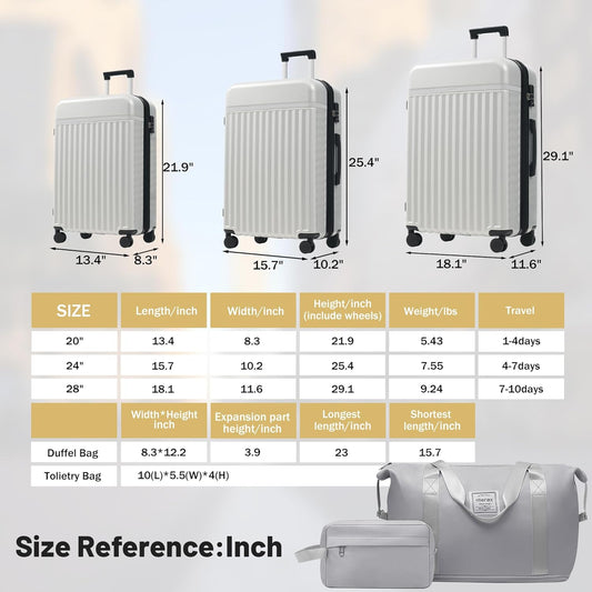 Merax Luggage Sets, Durable Hardshell 3 Piece Suitcase with Double Spinner Wheels and Handle Bags,Lightweight Carry on Luggage with TSA Lock,20+24+28 inches,White Grey