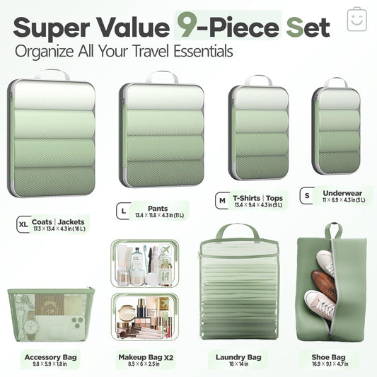 Veken 9/11 Set Compression Packing Cubes for Travel Essentials,Compressible Expandable Large Luggage Suitcase Organizer Bags for Clothing,Durable Space Saver Storage Bags(Matcha Green)