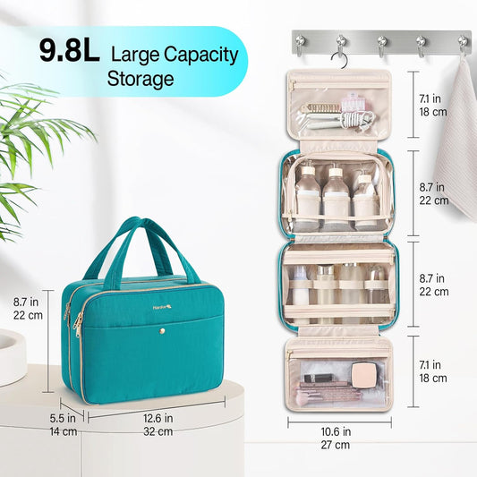 Hanke Hanging Travel Toiletry Bag for Women with Jewelry Organizer Compartment, Travel Essentials Toiletries and Makeup Bag, Water-Resistant & Stain-Resistant with Trolley Strap (Turquoise Green)