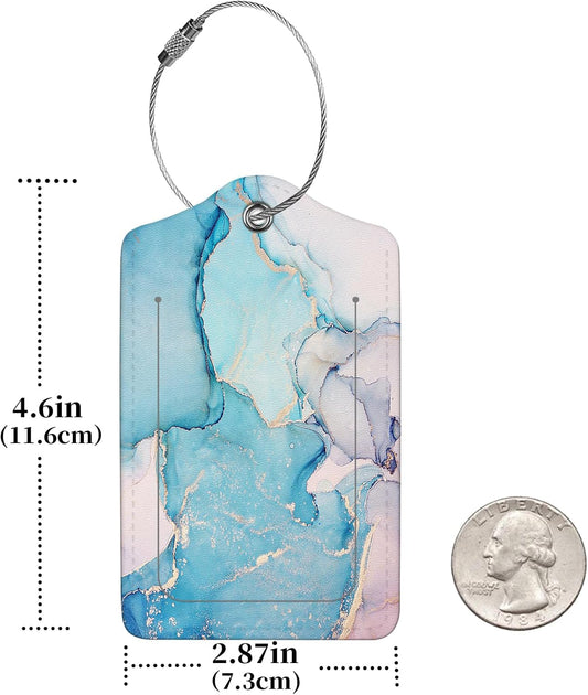 2 Pcs Luggage Tags for Suitcase, Cute Unique PU Leather Travel Bag Tag with Privacy Cover ID Label Address Card and Durable Metal Ring Suitable for Men Women Children Backpack,Blue Marble