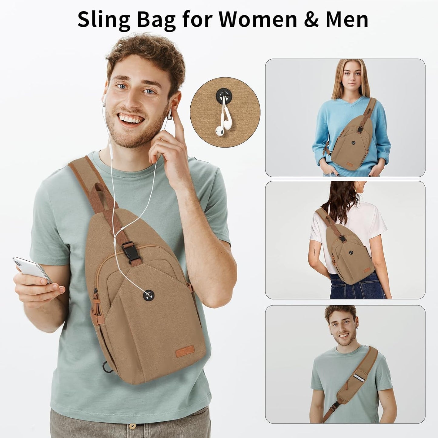 Sling Bag for Men, Crossbody Bag Men Anti Theft Crossbody Bag with Tunnel Lock Zipper Canvas Sling Backpack Travel