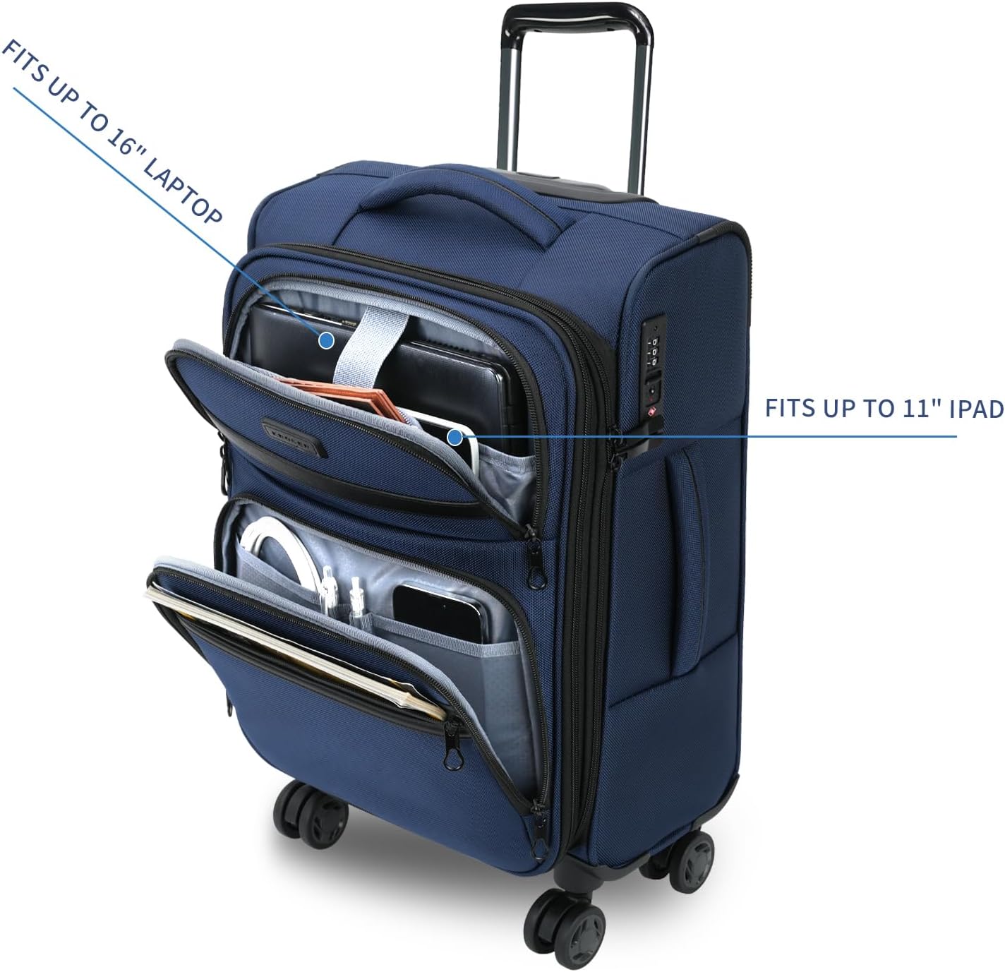 KROSER Softside Expandable Carry On Luggage with Spinner Wheels & Built-in TSA Lock, Durable Suitcase Rolling Luggage with USB Port, Carry-On 20-Inch, Navy