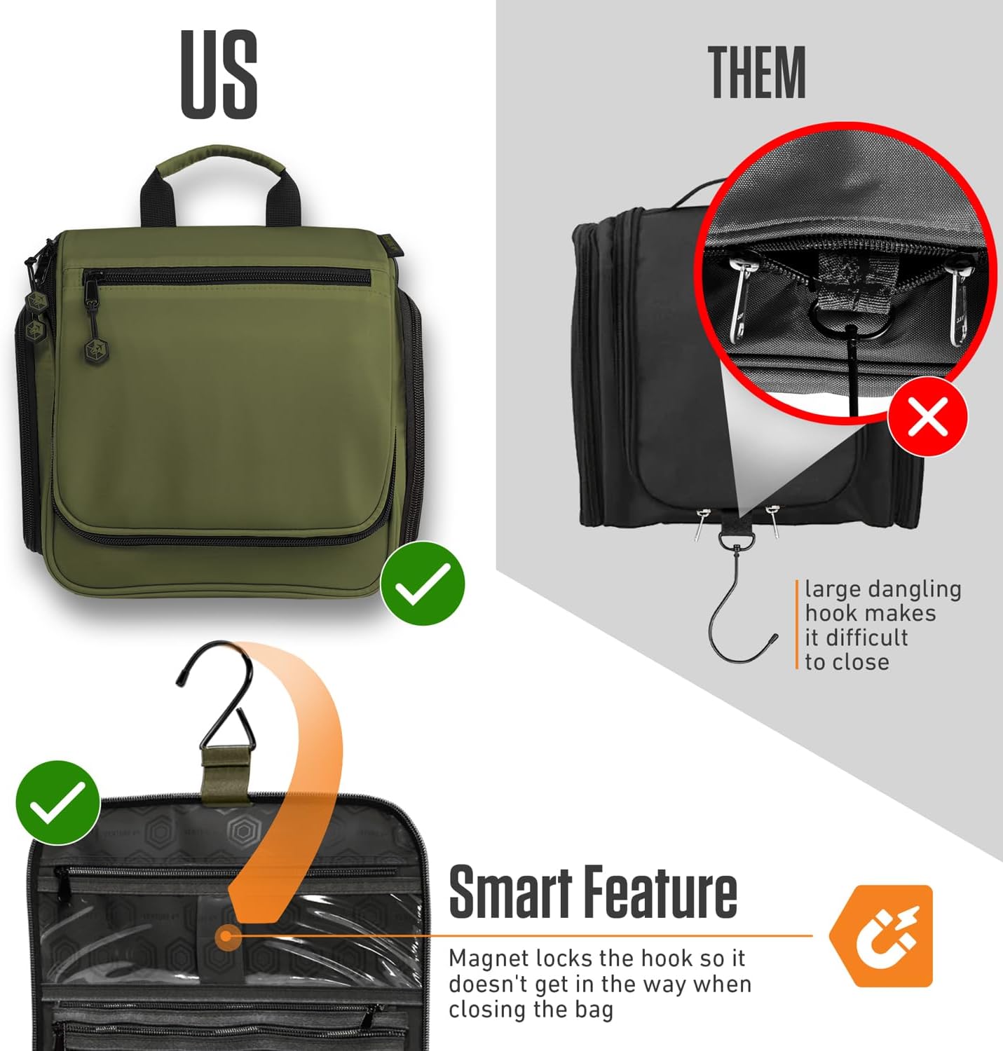 VENTURE 4TH Hanging Travel Toiletry Bag for Women & Men - Travel Organizer with Expandable Compartments & Removable Clear Pouch for Toiletries (Dark Green)