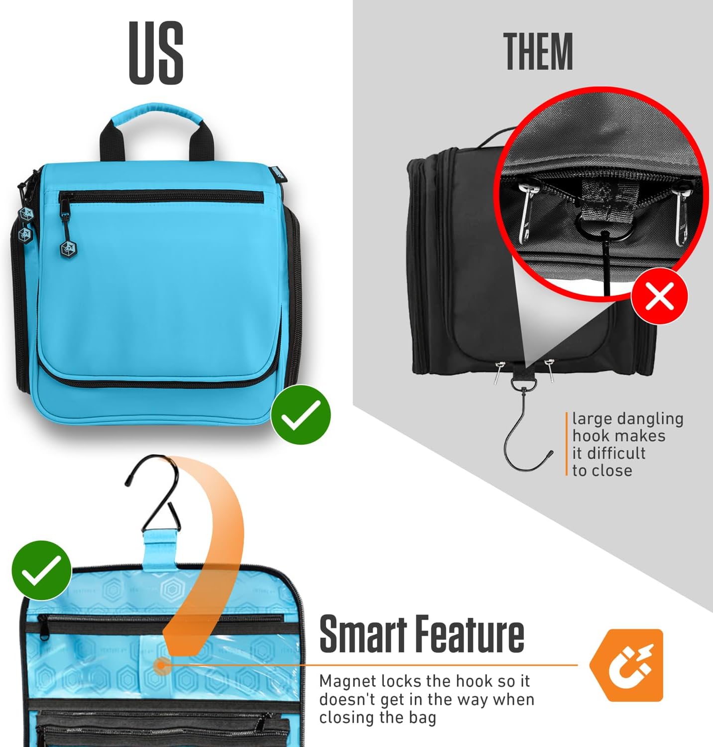 VENTURE 4TH Hanging Travel Toiletry Bag for Women & Men - Travel Organizer with Expandable Compartments & Removable Clear Pouch for Toiletries (Light Blue)