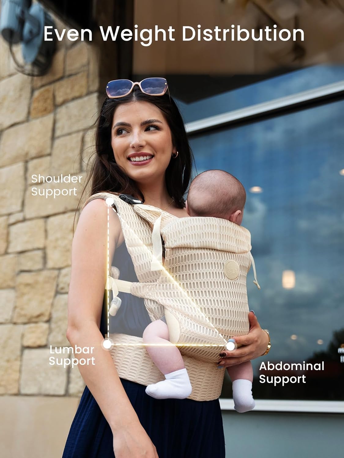 GROWNSY Baby Carrier Newborn to Toddler, Breathable Mesh Carrier(7-44lbs) with One-Click Sliding Clasp, Head Support, Ergonomic Design and Hands-Free Comfort, Almond Beige
