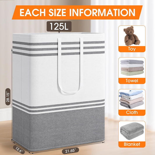 2 Pack Large Home Laundry Basket, Laundry Hamper, Freestanding Waterproof Dirty Clothes Bag, Tall Clothes Hamper - Extended & Reinforced Handles for College Dorm, Family (Light Grey/125L)