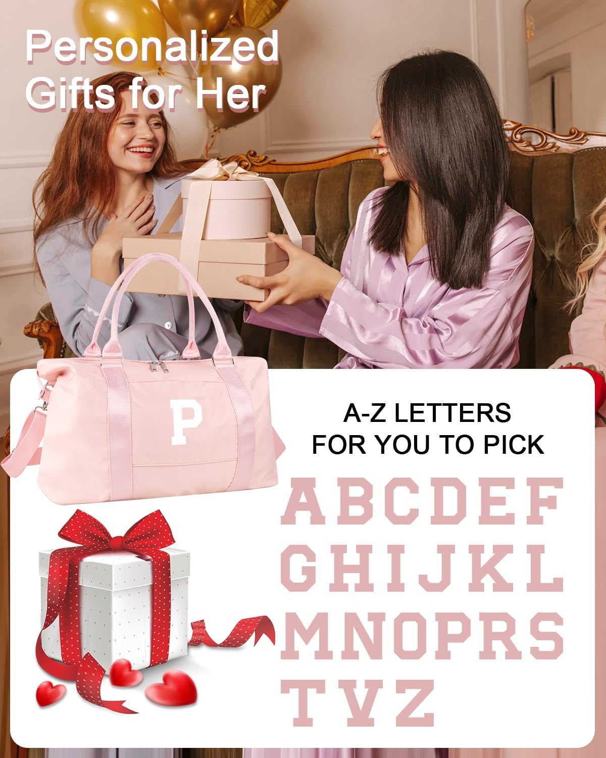 Initial Travel Duffel Bag Sports Gym Bag for Girls Teen Birthday Gifts,Pink Personalized Weekender Bag Carry On Tote Bags for Women Men,Waterproof Overnight Luggage Bag with Trolley Sleeve(Letter P)