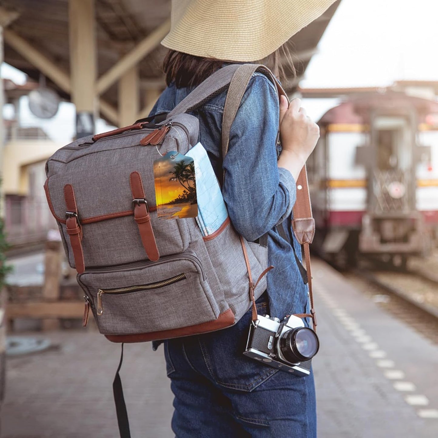 Sunset Beach Luggage Tags for Suitcases,2 Pack Luggage Tag, Leather Stainless Steel Loop Label Tag for Women Girl Travel Bag Suitcase