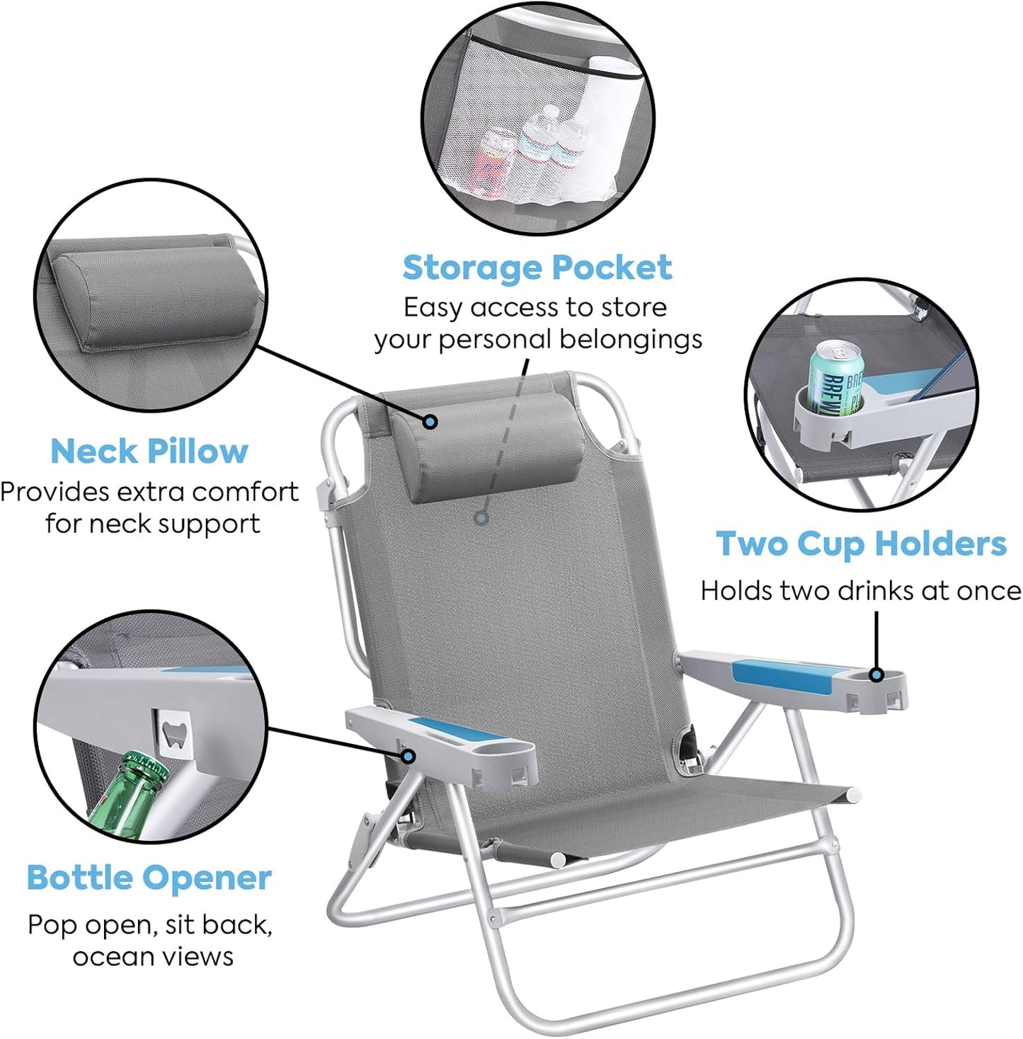 ICECO Backpacking Beach Chairs for Adults, 5 Positions Reclining Chair, Heavy Duty Folding Chairs, Portable Lay Flat Outdoor Chair with Cup Holder for Beach, Camping, Lawn, 350lb Capacity