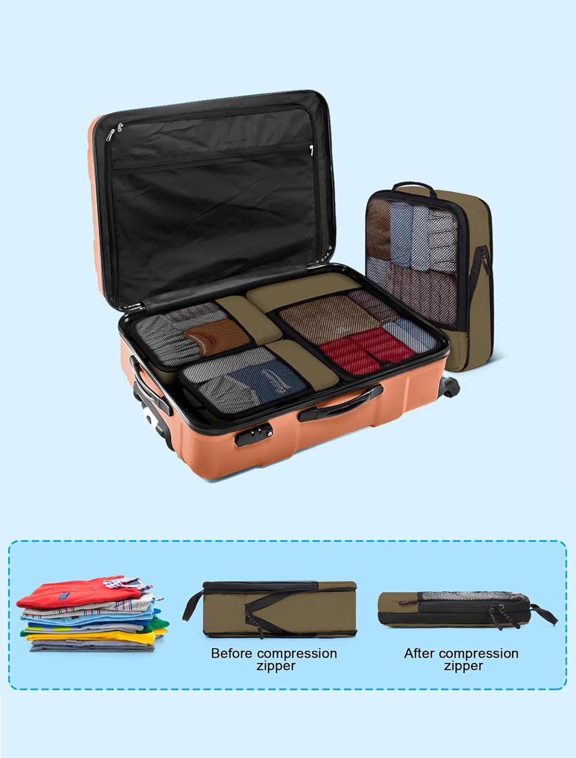 4 PCS Set Compression Packing Cubes for Travel, Lightweight Packaging Organizer Bags for Carry On Space Saving, Travel Essentials Cubes for Suitcase Backpack, Brown