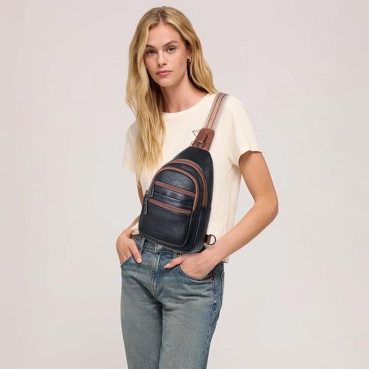 Sling Bag for Women Crossbody Fanny Pack Belt Bag Sling Purse Vegan Leather Trendy Travel Anti Theft Brown/Black