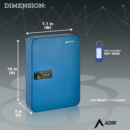 AdirOffice Key Lock Box - 48 Hook Wall Mounted Key Cabinet Holder, Lockable Storage - Metal Organizer for Home and Office