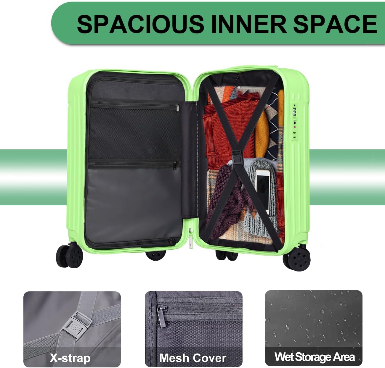 Krute Carry on Luggage 20 Inch Suitcases with Spinner Wheels Hardside Luggages Cup Holder Carry Suitcase USB Charger Port PC+ABS with TSA Lock