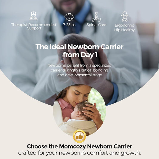Momcozy Newborn Carrier WeeSnug- Lightweight and Cozy Comfort for 7-25 lbs, Ergonomic Cross-Back Support, Effortless to Put On, Hands-Free Baby Carrier with Lumbar Support, Khaki