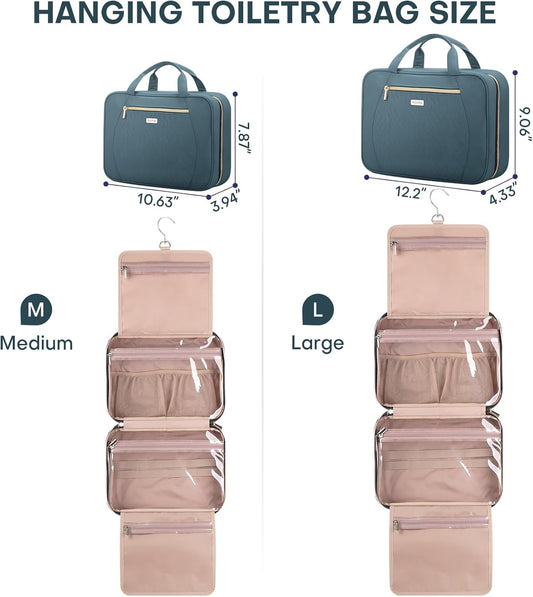 Hanging Toiletry Bag for Women Travel, 2 Sizes Large & Small Waterproof Cosmetic Organizer with 4 Compartments, Rotating Hook, Foldable Pink Travel Bag for Toiletries & Makeup Medium Lake Blue