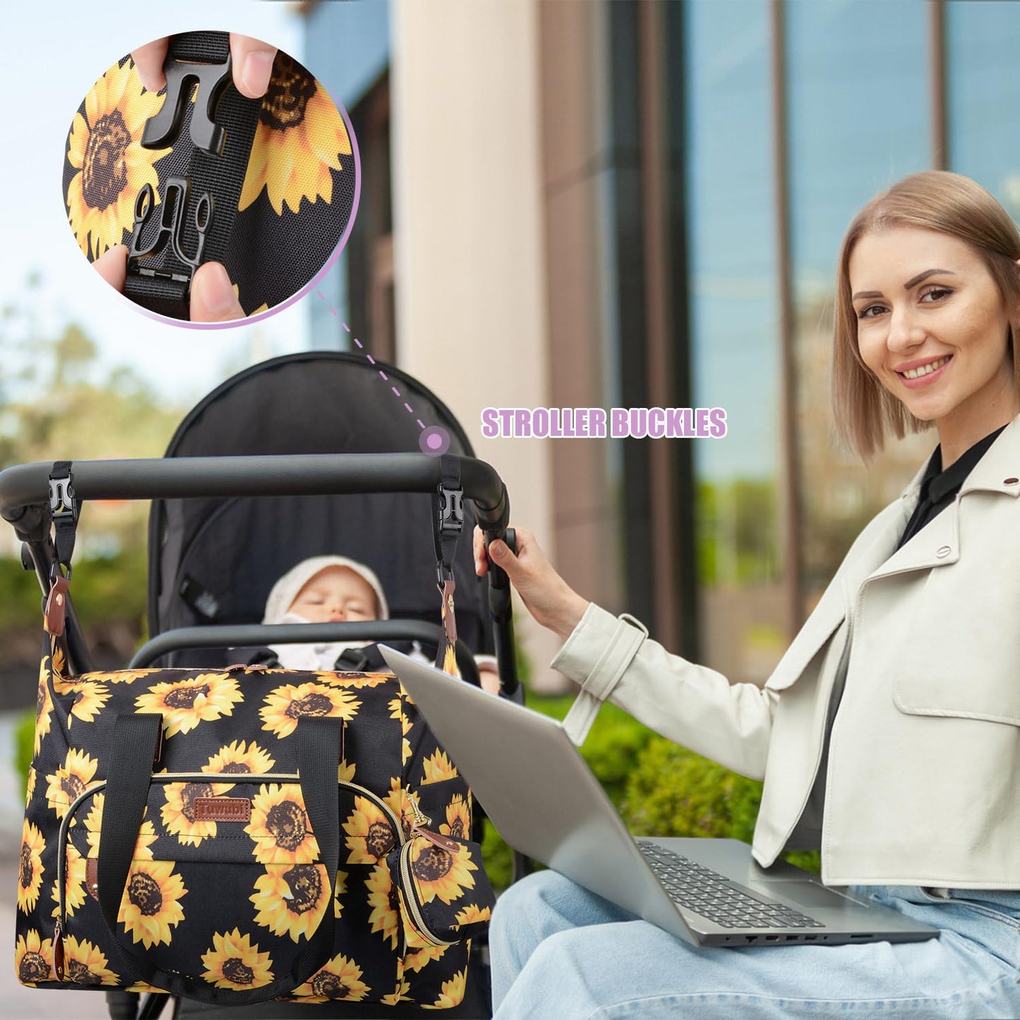 Tuwubi Diaper Bag Tote,Baby Diaper Bag with Pacifier Case Large Travel Diaper Tote Caddy for Mom and Dad Multifunction Large Baby Bag - Sunflower
