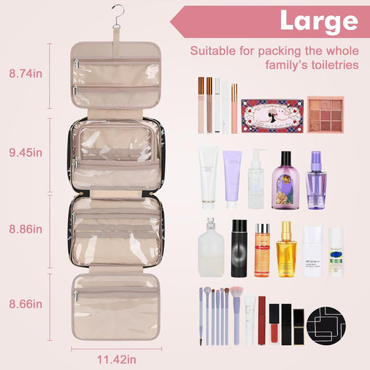 Wedama Toiletry Bag for Women, Large Cosmetic Travel Bag, Hanging Toiletry Bag for Bathroom, PVC Waterproof Makeup Bag, Toiletries Bag for Travel Business Trips and Camping, Black+Pink Floral