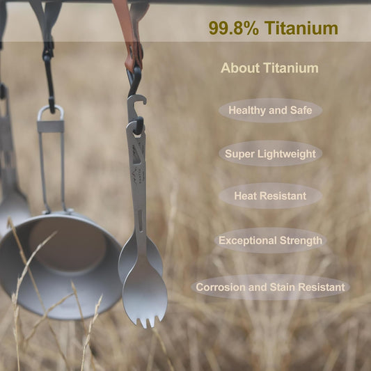 SANTTA Titanium Camping Spoon Set of 2 Piece, Spoon and Bottle Opener 2-in-1 Design, Lightweight Ti Utensils with a Pouch and Carabiner for Outdoor Camping Backpacking Hiking and Travel