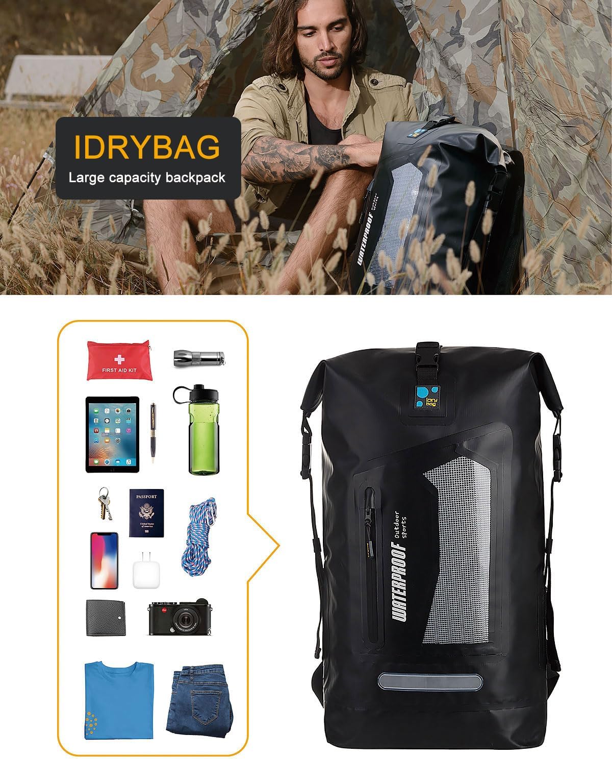 IDRYBAG Waterproof Backpack for Men 20L/30L/40L, Floating Dry Bag Kayak, Dry Backpack Hiking