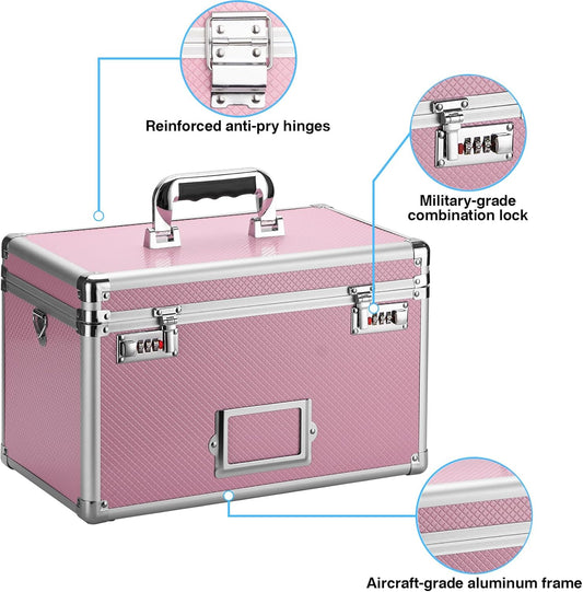 13.4 x 8 x 8.7 Inch Lockable Storage Box with Combination Lock, Portable Safe for Documents, Medicine, Cash & Valuables, Medicine Lock Box with Label Slot for Home, Office & Travel - Pink