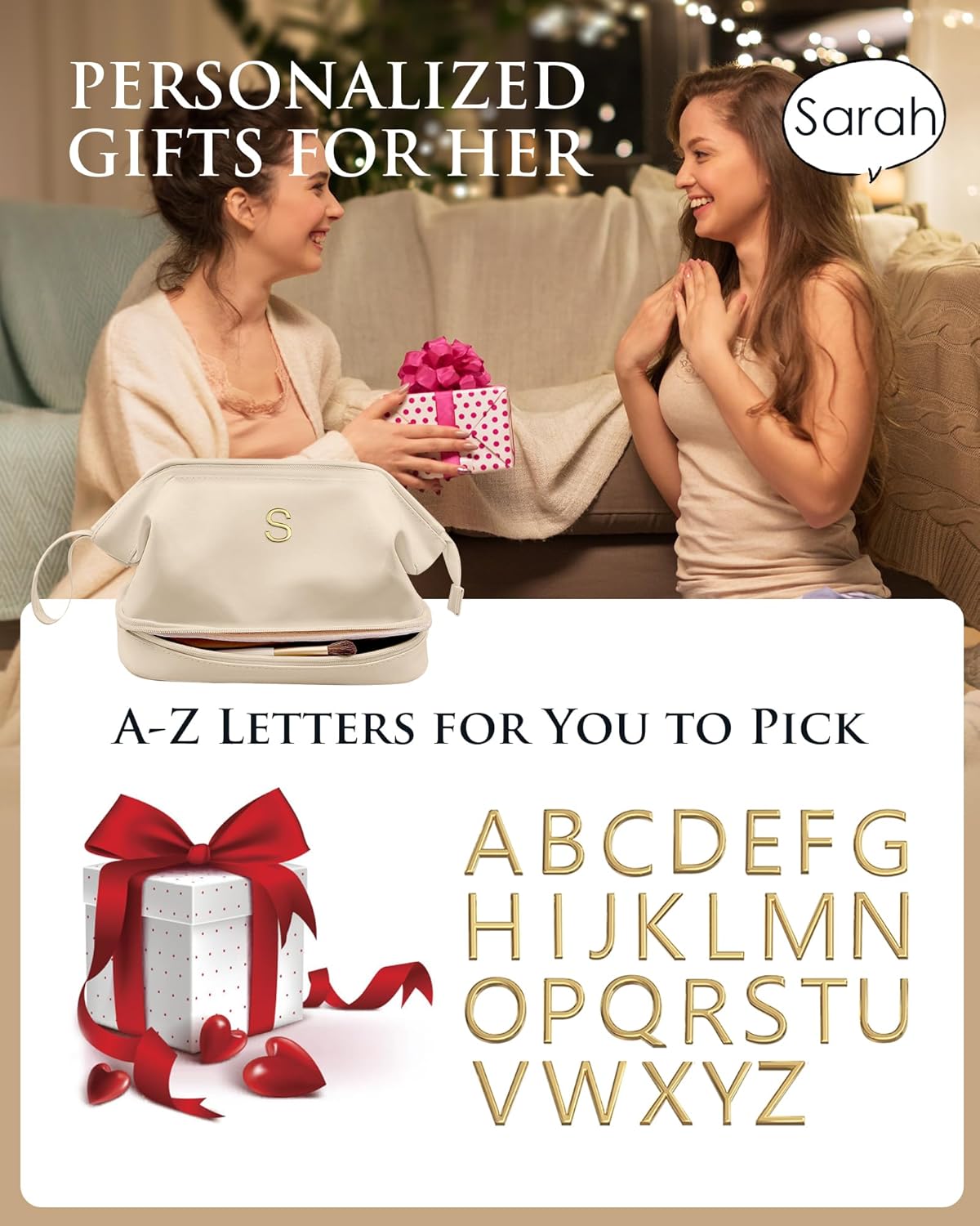 Birthday Gifts for 14 15 16 17 18 19 Year Old Girls, Initial Large Makeup Bags, Personalized Double Layer Cosmetic Bag with Makeup Brush Organizer,Gifts for Women Girlfriend Friends Female