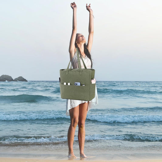 LEDAOU Large Beach Tote Bag Women Waterproof Sandproof Zipper Beach Tote Bag for Pool Gym Grocery Travel with Wet Pocket