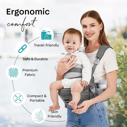 Baby Hip Carrier, Ergonomic, Toddler Carrier with Multiple Pockets & Shoulder Strap for Newborns & Toddlers -Gray