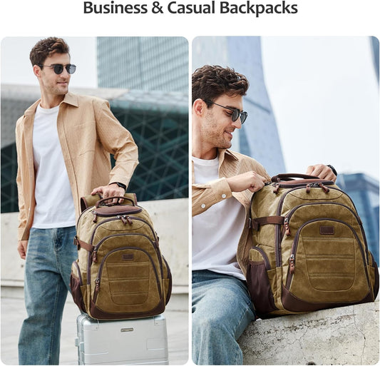 Travel Laptop Backpack 17.3 inch XL Computer Backpack for Men Waxed Canvas College Daypack Business Backpack Brown