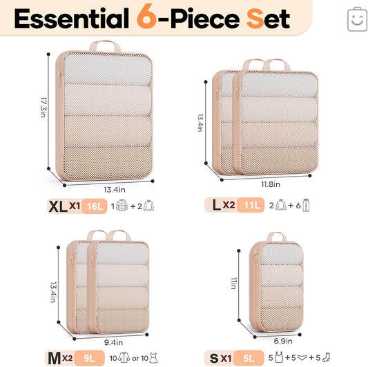 Veken 6/9/11 Set Compression Packing Cubes for Travel Essentials,Compressible Expandable Large Luggage Suitcase Organizer Bags for Clothing,Durable Space Saver Storage Bags(Beige)