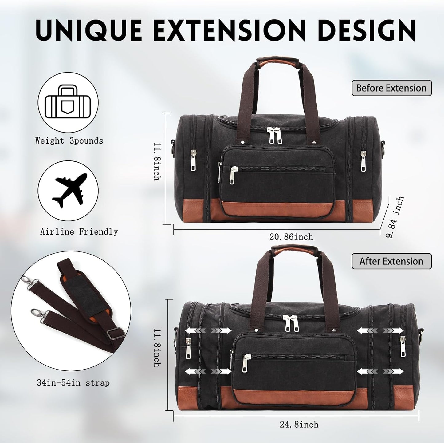 Men'S Duffle Bag For Travel, Expandable Canvas Duffel Bags Overnight Weekend Gym Carry On Luggage Bag For Men(Black)