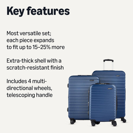 Amazon Basics 3-Piece Set (21", 26", 30"), Hardshell Suitcases With Wheels, Expandable For Up to 25% More Space, With Scratch-Resistant Surface, Four Multi-directional Wheels, Navy Blue