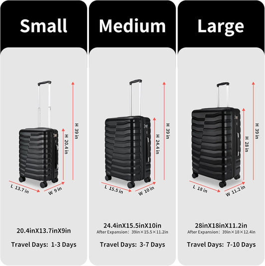 Lightweight Luggage with Spinner Wheels & YKK Zipper, Hard Shell 3-Piece Suitcase ABS+PC Hardside Luggage Set with TSA Lock for Men Travel, Black (20+24+28 inch)