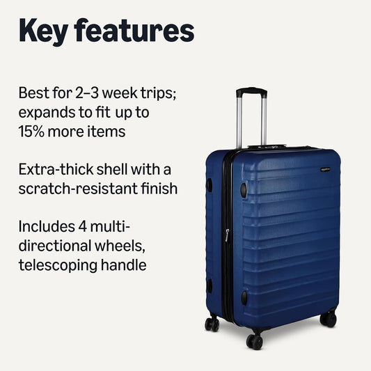 Amazon Basics 30" Hardside Large Checked Luggage, Hardshell Suitcase With Wheels, Expandable For Up to 15% More Space, With Scratch-Resistant Surface, Four Multi-directional Wheels, Navy Blue
