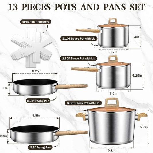 13-Piece Stainless Steel Cookware Set with Nonstick Frying Pans, Sauce Pots & Stock Pot, Heavy Duty Pots and Pans Set, Wooden Handles & Triple Layer Bottom, Induction Cookware, Easy to Clean