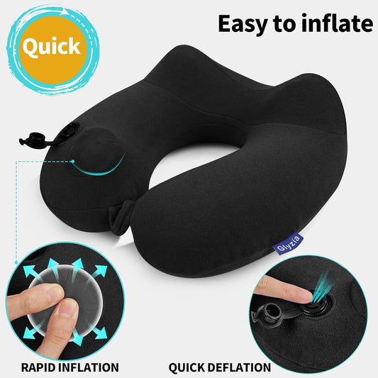 2 Pack Inflatable Travel Neck Pillows for Airplanes, Head Support Velvet Adult Neck Pillows for Long Flight, Kit with Eye Mask, Earplugs and Storage Bag, 2, Black