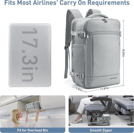 SHOWKOO 40L Travel Backpack for Men & Women, Airline Approved Carry On Laptop Backpack Fits 17.3", Waterproof Personal Item Bag Expandable Large Capacity Weekender Backpack