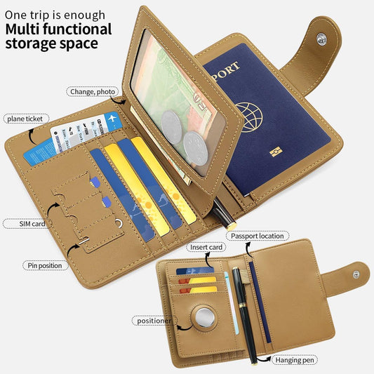 Passport Holder Wallet Bag with AirTag Holder, Card Slots Passport Solt Ticket Cash Solt, Photo Solt Sim Card Pen Slot.Apricot
